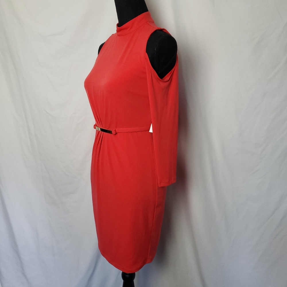 Jessica Simpson Cold Shoulder Coral Mock Neck Attached Belt Sheath Dress Size 2 - Picture 8 of 16